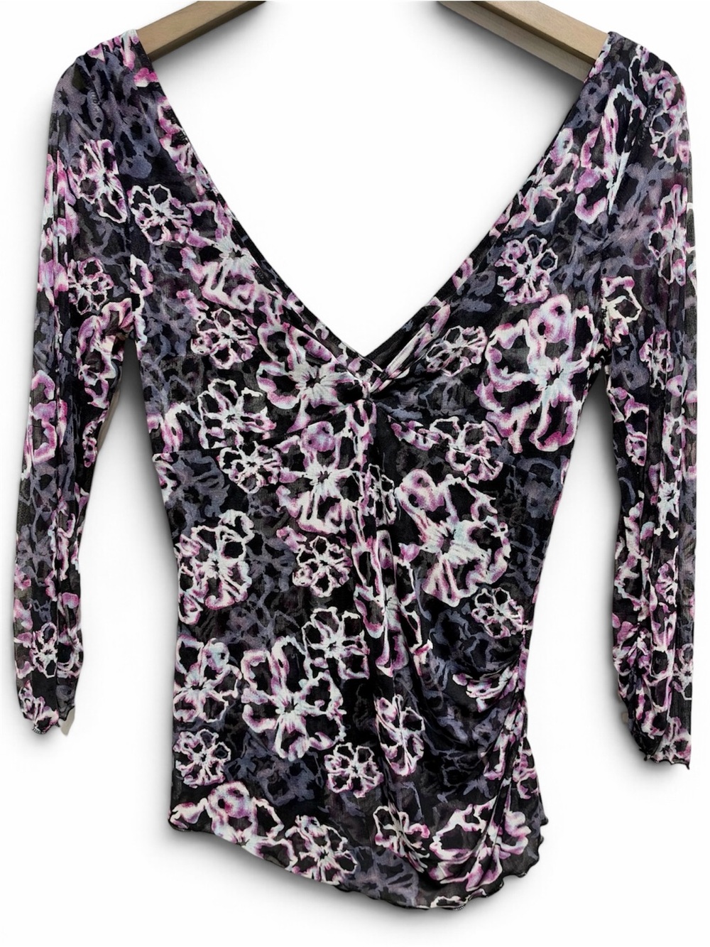 Vintage Y2K Diane von Furstenberg Sheer Silk Mesh Ruched Floral Top M